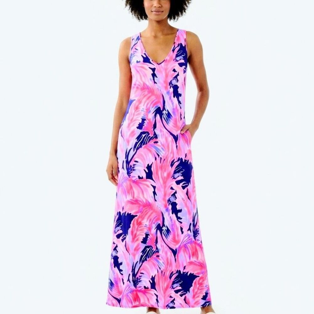 LILLY PULITZER Maxi Dress Kerri Paradise Point Pink and Navy Blue Print Women XL